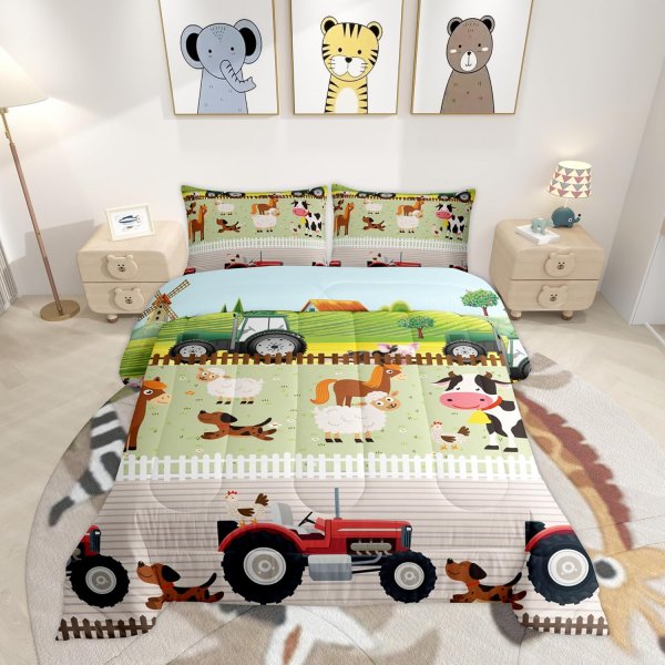 Tractor Bedding Sets for Boys Full Size Toddler Kids Cute Cartoon Farm Animals Comforter Set Girls Children Farmhouse Country Down Comforter for All Season Colorful Room Decor Nature Theme Duvet Set