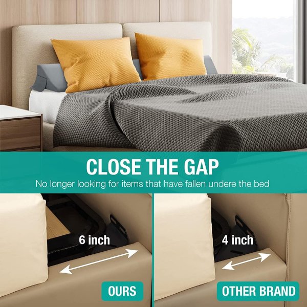 Wedge Pillow for Headboard Gap/Bed Mattress Gap Filler Wedge,Bed Gap Filler Close Gap (0-6"),Stop Pillow Falling Down-Gray(76"x10"x6")