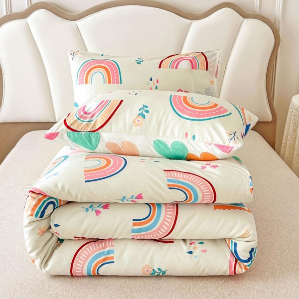 Lightweight Soft 3 Piece Rainbow Comforter Set with 2 Pillow Covers, Cartoon Love Hearts Flowers and Grass Bedding Set for Girls Boys Kids, Full Multi-Color
