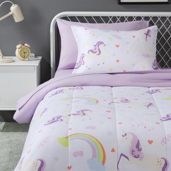 Basics 5-Piece Soft, Easy-Wash Microfiber Kid's Bed-in-a-Bag Bedding Set with Sheet and Comforter, Twin, Unicorn Print