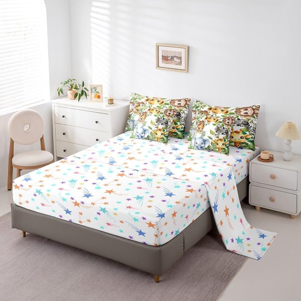 Animal Bedding Set for Kids Teens,Tiger Monkey Zebra Comforter Set Full Size,Elephant Giraffe (Comforter+Fitted+Flat Sheet+2 Pillowcases+2 Throw Pillow Covers) 7 Pieces Bed Set