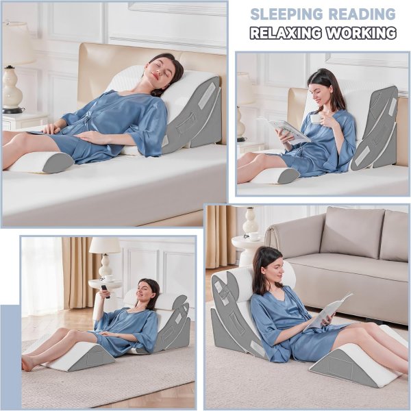 4PCS Orthopedic Bed Wedge Pillow Set for Sleeping, Post Surgery Foam Pillow for Body, Back and Leg Pain Relief, Triangle Adjustable Support Pillow - Acid Reflux, Anti Snoring & GERD Sleeping
