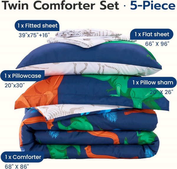 Kid Twin Comforter Set 5 Piece Dinosaur Bedding Set for Boys Girls Super Soft Microfiber Bed in a Bag with Comforter Sheets Pillowcase Sham