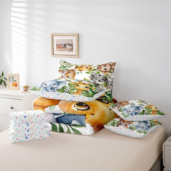 Animal Bedding Set for Kids Teens,Tiger Monkey Zebra Comforter Set Full Size,Elephant Giraffe (Comforter+Fitted+Flat Sheet+2 Pillowcases+2 Throw Pillow Covers) 7 Pieces Bed Set
