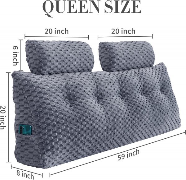 Wedge Headboard Pillow Queen- Bed Wedge Pillow for Headboard Triangular Headboard Pillow with Neck Roll Pillow-Large Bolster for Sitting in Bed Backrest Positioning Support (Grey,59x8x20 Inches)