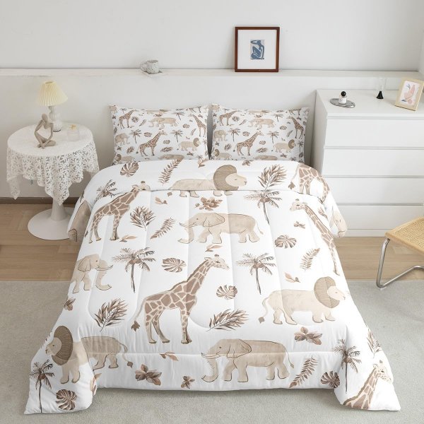 Jungle Animals Comforter Full Size Elephant Lion Giraffe Animal Bedding Sets African Safari Animal Duvet Set for Kids Boys Girls Hunter Brown Rust Wildlife Down Quilt