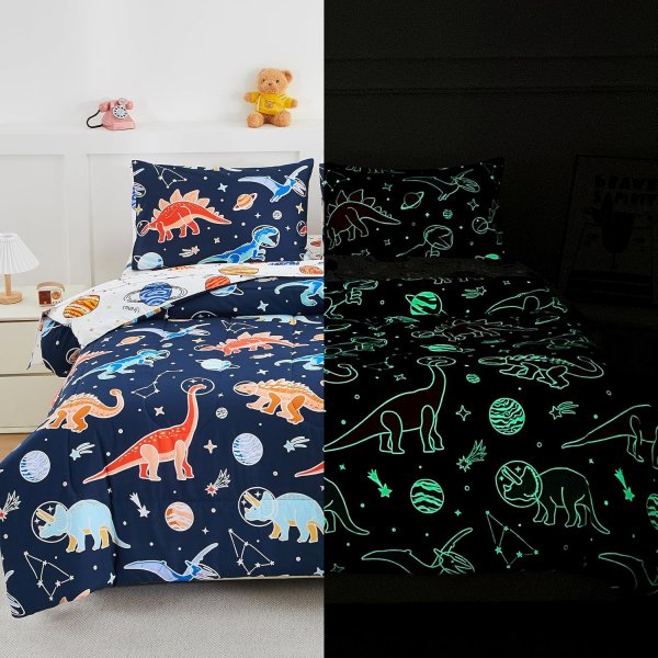 A Nice Night 5pc Glow in The Dark Kids Comforter Set,Dinosaur Galaxy Printed, Space Bedding Set Twin Size for Boys Girls Teen
