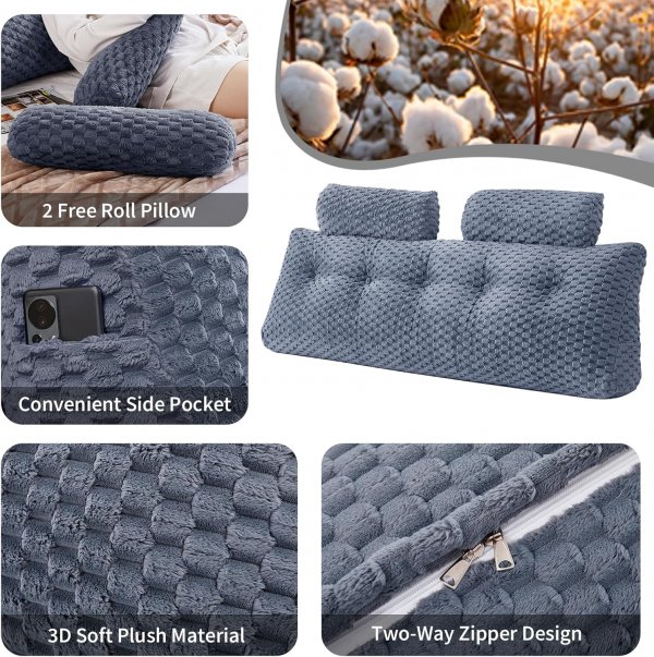 Wedge Headboard Pillow Queen- Bed Wedge Pillow for Headboard Triangular Headboard Pillow with Neck Roll Pillow-Large Bolster for Sitting in Bed Backrest Positioning Support (Grey,59x8x20 Inches)