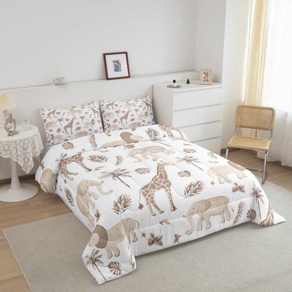  Jungle Animals Comforter Full Size Elephant Lion Giraffe Animal Bedding Sets African Safari Animal Duvet Set for Kids Boys Girls Hunter Brown Rust Wildlife Down Quilt