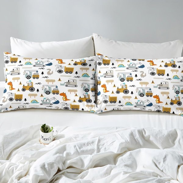 Construction Bedding Set Queen Size Equipment Trucks Comforter Set for Kids Boys Girls Decor Dinosaur Comforter 3D Digital Print Yellow Duvet Set Bedroom Quilt Set