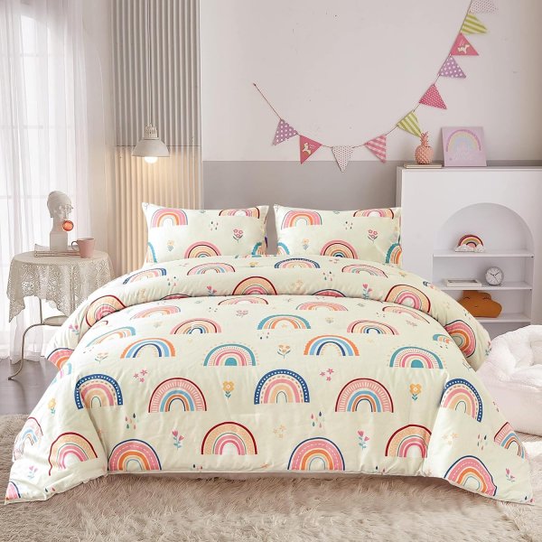Lightweight Soft 3 Piece Rainbow Comforter Set with 2 Pillow Covers, Cartoon Love Hearts Flowers and Grass Bedding Set for Girls Boys Kids, Full Multi-Color