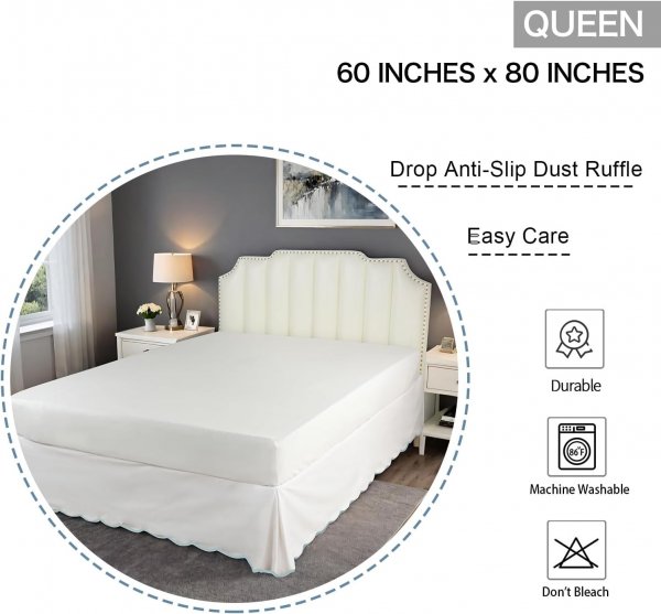 HIG Off White Chic Queen Bed Skirt - Easy Fit Scallop Edge Pleated Bedskirts, 14 Inch Drop Anti-Slip Dust Ruffle, Thick Fabric for Enhanced Privacy, Pre-Washed for Long-Lasting Use