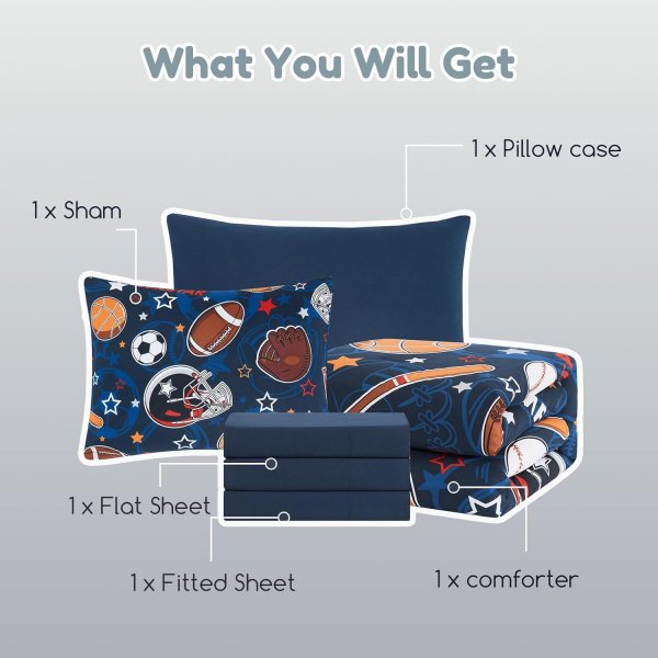 Wink Deer Twin Comforter Set for Boys-5 Pieces Sports Ball Games Glow in the Dark Twin Bedding Sets for Kids, Ultra Soft Bed in A Bag with Sheets