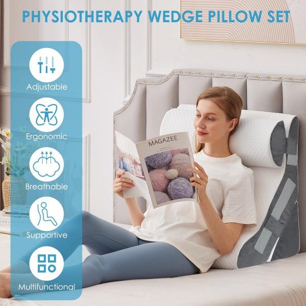 Bed Wedge Pillow for Headboard, Adjustable Wedge Pillow for Sleep Apnea, 23” Wide Triangle Pillow Wedge Set for After Surgery, Acid Reflux Relief, Snoring, Neck&Back Support, White/Grey
