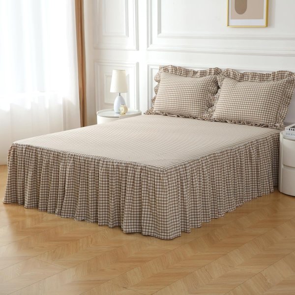 Silnuo Taupe/White Plaid Bed Skirt Washed Cotton Vintage Gingham Checkered Dust Ruffle Queen Size 18" Bedding (1 Bed Skirt Only)