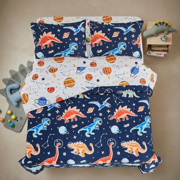 A Nice Night 5pc Glow in The Dark Kids Comforter Set,Dinosaur Galaxy Printed, Space Bedding Set Twin Size for Boys Girls Teen