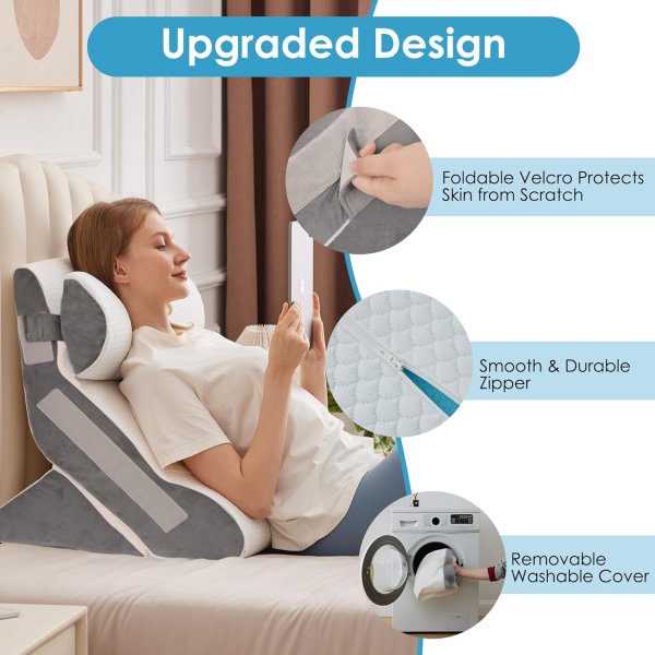 Bed Wedge Pillow for Headboard, Adjustable Wedge Pillow for Sleep Apnea, 23” Wide Triangle Pillow Wedge Set for After Surgery, Acid Reflux Relief, Snoring, Neck&Back Support, White/Grey
