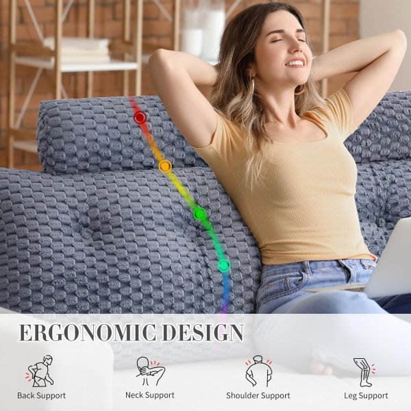 Wedge Headboard Pillow Queen- Bed Wedge Pillow for Headboard Triangular Headboard Pillow with Neck Roll Pillow-Large Bolster for Sitting in Bed Backrest Positioning Support (Grey,59x8x20 Inches)