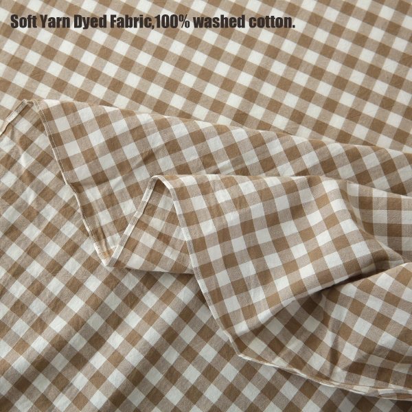 Silnuo Taupe/White Plaid Bed Skirt Washed Cotton Vintage Gingham Checkered Dust Ruffle Queen Size 18" Bedding (1 Bed Skirt Only)