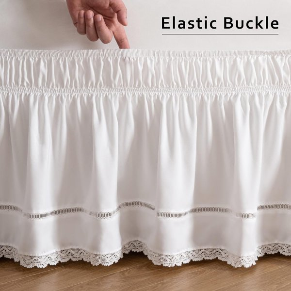 Wrap Around Ruffled Lace Bed Skirt, Elastic Dust Ruffle with Adjustable Belts, Easy to Put On, Bed Frame Cover, Machine Washable (Floral Lace/White, King/Queen-15 Drop)