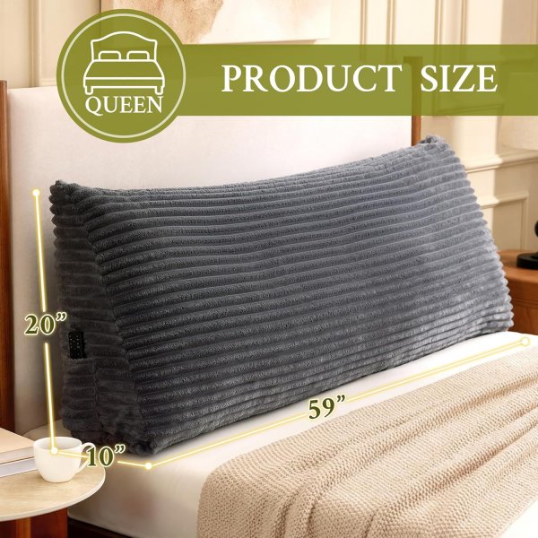 Headboard Pillow Queen, Headboard Wedge Pillow, Back Rest Pillows for Sitting, Reading, Working, Triangle Pillow with Removable Cover, Daybed Pillows for Bed Dorm Sofa, Dark Grey
