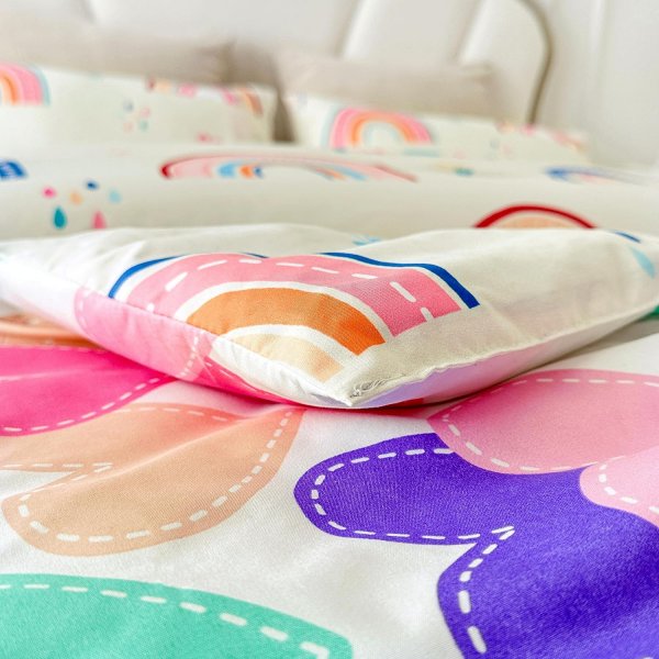 Lightweight Soft 3 Piece Rainbow Comforter Set with 2 Pillow Covers, Cartoon Love Hearts Flowers and Grass Bedding Set for Girls Boys Kids, Full Multi-Color