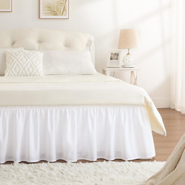  Full Size White Bed Skirt 15 Inch Drop, Wrap Around Elastic Bed Skirts Full Size Dust Ruffle, Bedskirt for Adjustable Bed Base Solid Wrinkle and Fade Resistant Silky Fabric Machine Washable