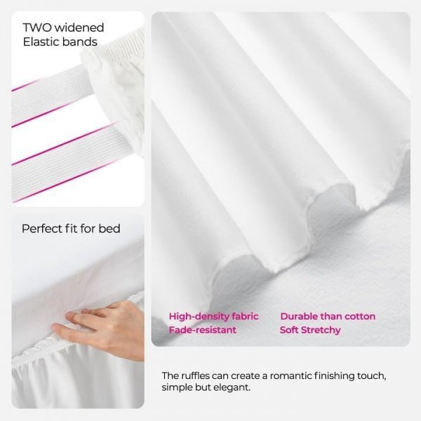  Full Size White Bed Skirt 15 Inch Drop, Wrap Around Elastic Bed Skirts Full Size Dust Ruffle, Bedskirt for Adjustable Bed Base Solid Wrinkle and Fade Resistant Silky Fabric Machine Washable