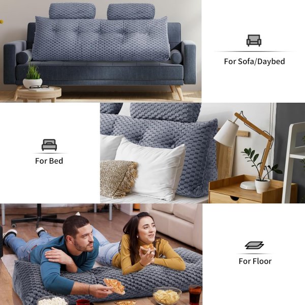 Wedge Headboard Pillow Queen- Bed Wedge Pillow for Headboard Triangular Headboard Pillow with Neck Roll Pillow-Large Bolster for Sitting in Bed Backrest Positioning Support (Grey,59x8x20 Inches)