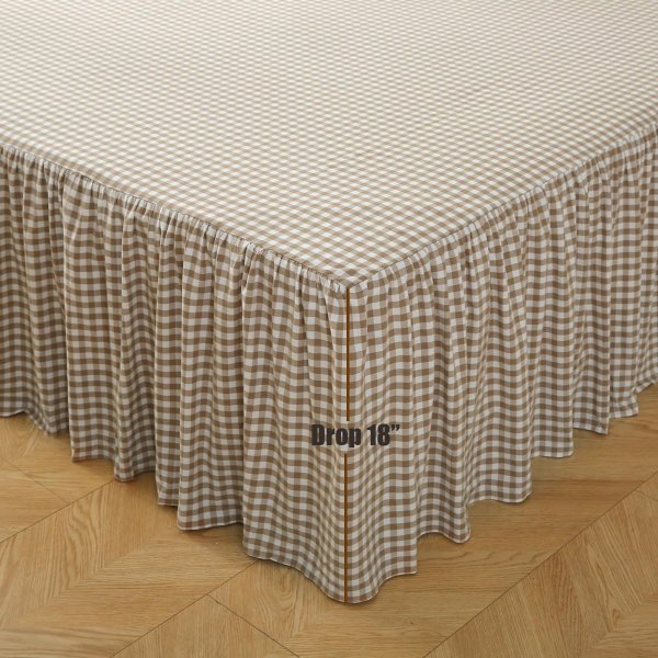Silnuo Taupe/White Plaid Bed Skirt Washed Cotton Vintage Gingham Checkered Dust Ruffle Queen Size 18" Bedding (1 Bed Skirt Only)