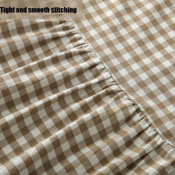 Silnuo Taupe/White Plaid Bed Skirt Washed Cotton Vintage Gingham Checkered Dust Ruffle Queen Size 18" Bedding (1 Bed Skirt Only)