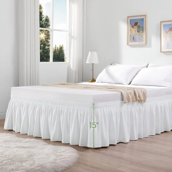  Full Size White Bed Skirt 15 Inch Drop, Wrap Around Elastic Bed Skirts Full Size Dust Ruffle, Bedskirt for Adjustable Bed Base Solid Wrinkle and Fade Resistant Silky Fabric Machine Washable
