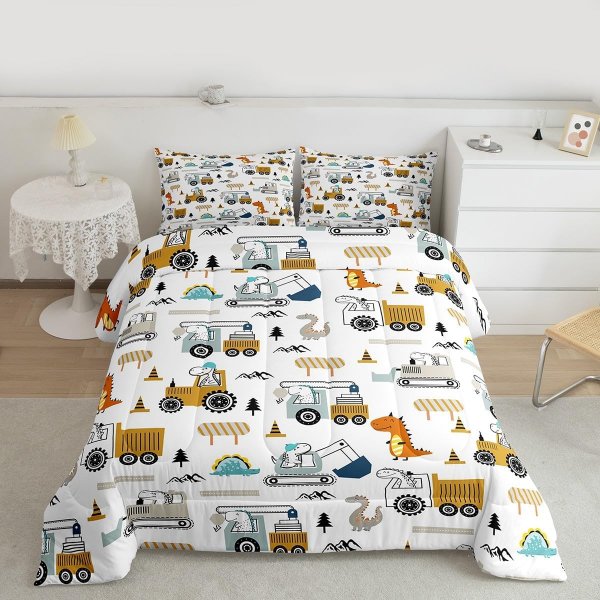 Construction Bedding Set Queen Size Equipment Trucks Comforter Set for Kids Boys Girls Decor Dinosaur Comforter 3D Digital Print Yellow Duvet Set Bedroom Quilt Set