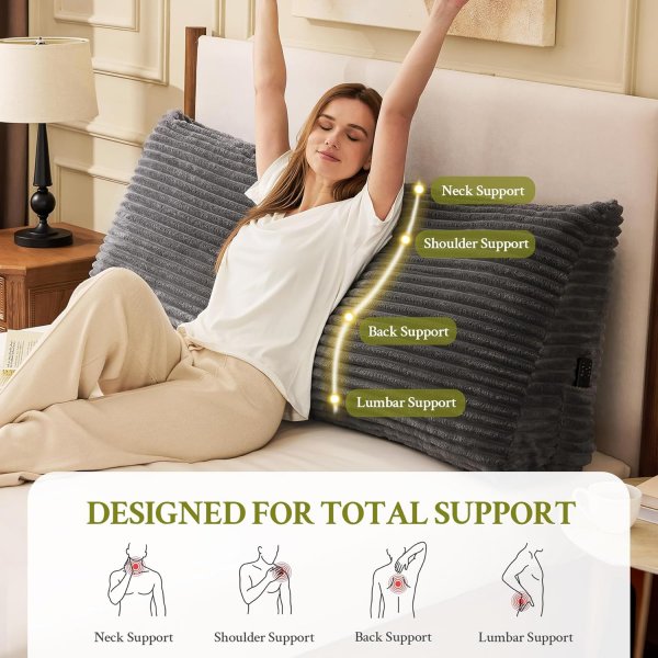 Headboard Pillow Queen, Headboard Wedge Pillow, Back Rest Pillows for Sitting, Reading, Working, Triangle Pillow with Removable Cover, Daybed Pillows for Bed Dorm Sofa, Dark Grey