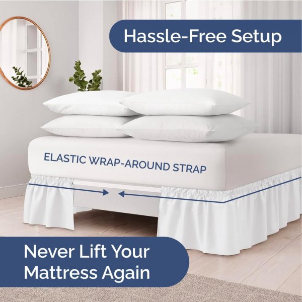 Wrap Around Dust Ruffle Bed Skirt - White - for Queen Size Beds with 12 Inch Drop - Easy Fit Elastic Strap - Adjustable Pleated Bedskirt w/Brushed Fabric - Wrinkle Free - for Women, Men, Kids & Teens