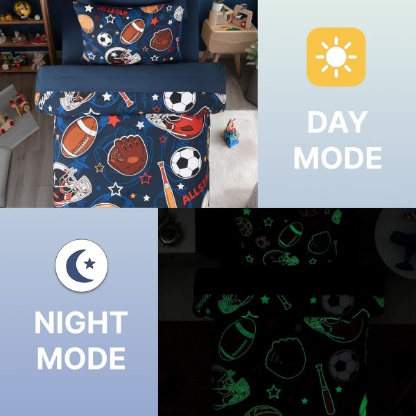 Wink Deer Twin Comforter Set for Boys-5 Pieces Sports Ball Games Glow in the Dark Twin Bedding Sets for Kids, Ultra Soft Bed in A Bag with Sheets