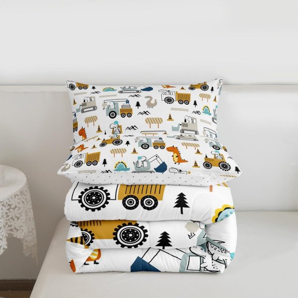 Construction Bedding Set Queen Size Equipment Trucks Comforter Set for Kids Boys Girls Decor Dinosaur Comforter 3D Digital Print Yellow Duvet Set Bedroom Quilt Set