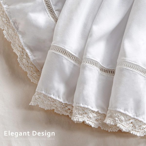 Wrap Around Ruffled Lace Bed Skirt, Elastic Dust Ruffle with Adjustable Belts, Easy to Put On, Bed Frame Cover, Machine Washable (Floral Lace/White, King/Queen-15 Drop)