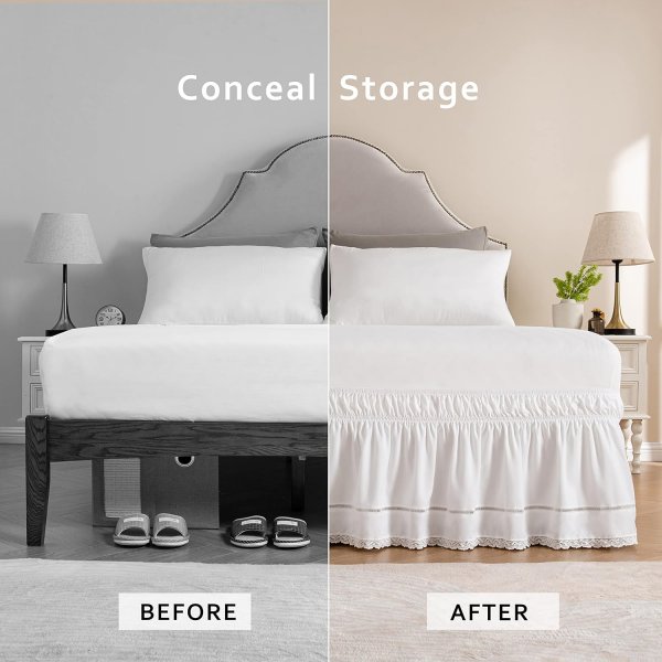 Wrap Around Ruffled Lace Bed Skirt, Elastic Dust Ruffle with Adjustable Belts, Easy to Put On, Bed Frame Cover, Machine Washable (Floral Lace/White, King/Queen-15 Drop)