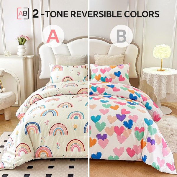 Lightweight Soft 3 Piece Rainbow Comforter Set with 2 Pillow Covers, Cartoon Love Hearts Flowers and Grass Bedding Set for Girls Boys Kids, Full Multi-Color