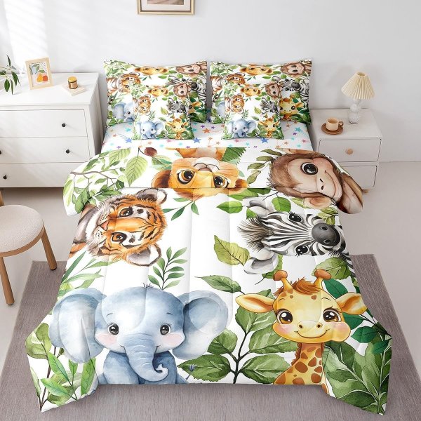 Animal Bedding Set for Kids Teens,Tiger Monkey Zebra Comforter Set Full Size,Elephant Giraffe (Comforter+Fitted+Flat Sheet+2 Pillowcases+2 Throw Pillow Covers) 7 Pieces Bed Set
