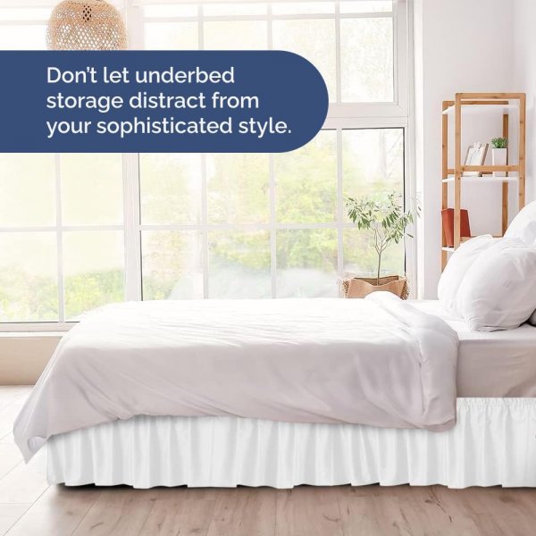Wrap Around Dust Ruffle Bed Skirt - White - for Queen Size Beds with 12 Inch Drop - Easy Fit Elastic Strap - Adjustable Pleated Bedskirt w/Brushed Fabric - Wrinkle Free - for Women, Men, Kids & Teens