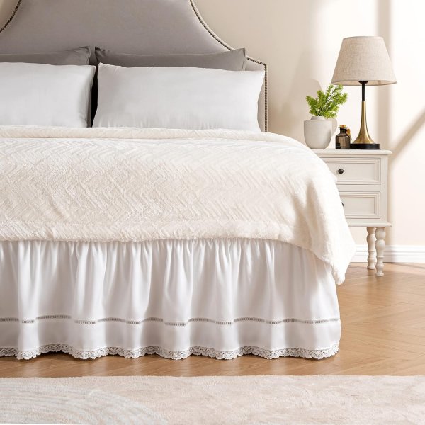 Wrap Around Ruffled Lace Bed Skirt, Elastic Dust Ruffle with Adjustable Belts, Easy to Put On, Bed Frame Cover, Machine Washable (Floral Lace/White, King/Queen-15 Drop)