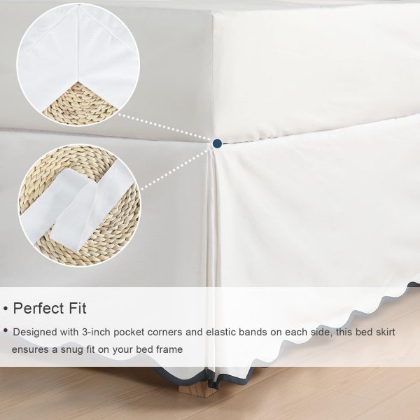 HIG Off White Chic Queen Bed Skirt - Easy Fit Scallop Edge Pleated Bedskirts, 14 Inch Drop Anti-Slip Dust Ruffle, Thick Fabric for Enhanced Privacy, Pre-Washed for Long-Lasting Use