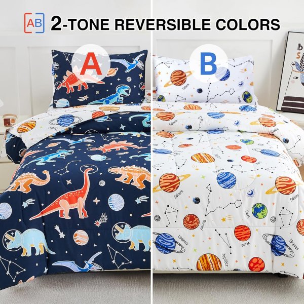 A Nice Night 5pc Glow in The Dark Kids Comforter Set,Dinosaur Galaxy Printed, Space Bedding Set Twin Size for Boys Girls Teen