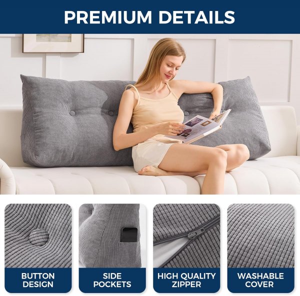 Headboard Pillow Queen, Triangle Pillows for Headboard, Head Board Backrest Wedge Pillow for Reading Sitting Working, Daybed Pillows with Removable Cover for Bed Dorm Sofa, Dark Grey
