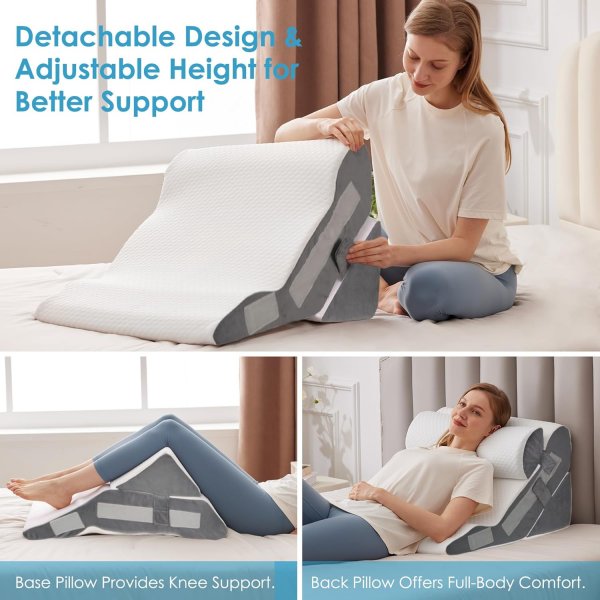 Bed Wedge Pillow for Headboard, Adjustable Wedge Pillow for Sleep Apnea, 23” Wide Triangle Pillow Wedge Set for After Surgery, Acid Reflux Relief, Snoring, Neck&Back Support, White/Grey