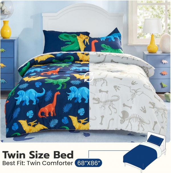 Kid Twin Comforter Set 5 Piece Dinosaur Bedding Set for Boys Girls Super Soft Microfiber Bed in a Bag with Comforter Sheets Pillowcase Sham