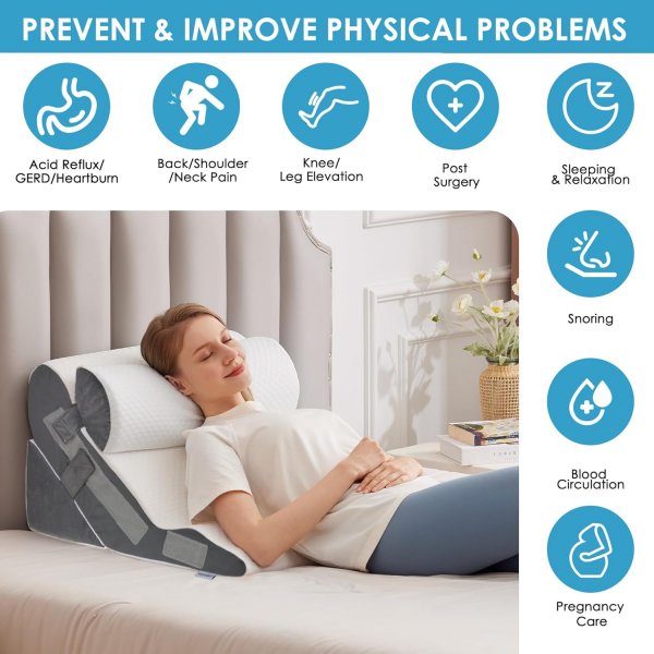Bed Wedge Pillow for Headboard, Adjustable Wedge Pillow for Sleep Apnea, 23” Wide Triangle Pillow Wedge Set for After Surgery, Acid Reflux Relief, Snoring, Neck&Back Support, White/Grey